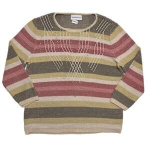 Alfred Dunner Vintage Striped Sweater Knit Embroidered Bedazzled Multicolor